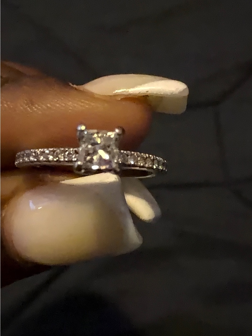 Vera Wang Silver-Tone Princess-Cut Engagement Ring with Pavé Band - White